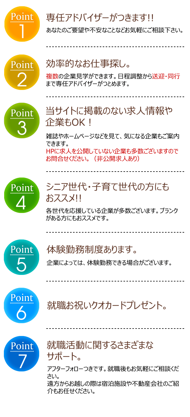 ポイント1　専任アドバイザーがつきます!!　ポイント2　効率的なお仕事探し。　ポイント3　掲載のない求人情報や企業もOK！。　ポイント4　シニア世代・子育て世代の方にもおススメ!!　ポイント5　体験勤務制度あります。　ポイント6　就職お祝いクオカードプレゼント。　ポイント7　就職活動に関するさまざまなサポート。