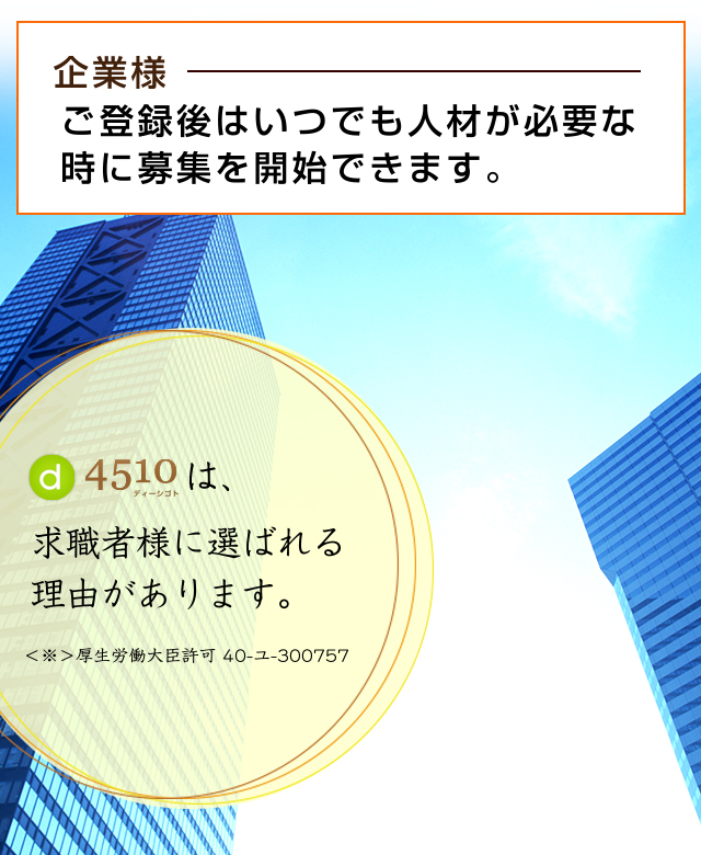 d4510は、採用が決定するまで一切費用が掛からない成功報酬型求人サイトです。